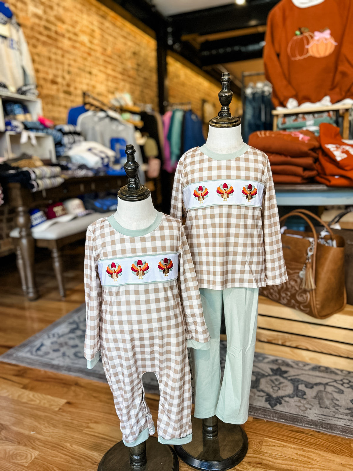 Turkey trio gingham boys romper