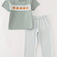 Sage gingham pumpkin boys set