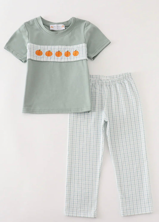 Sage gingham pumpkin boys set