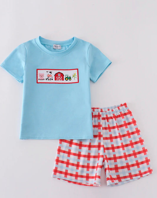 Blue smocked farm boys set