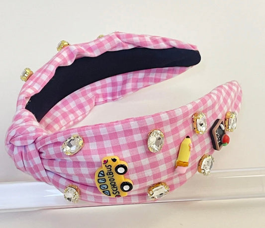 Pink gingham Back to school headband