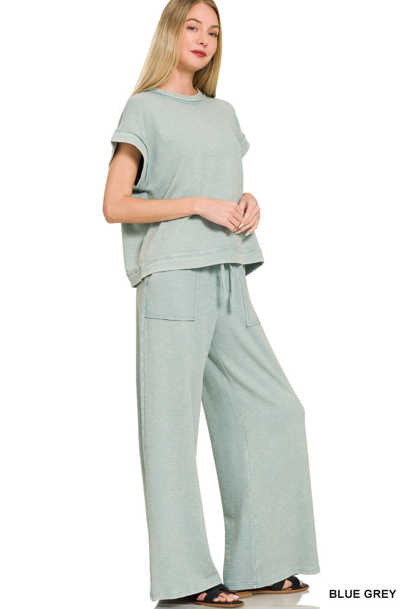 Acid wash pant set -blue grey