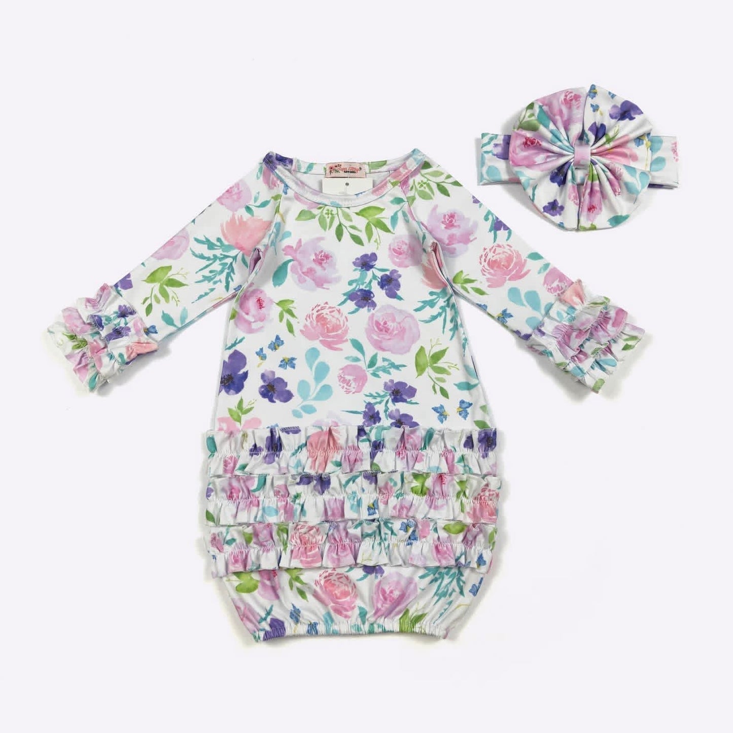 Purple floral ruffle gown