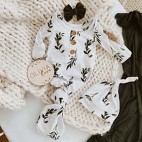 Olive Leaf newborn knot gown & hat set
