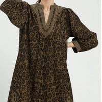 Leopard Print Contrast Trim Puff Sleeve Tunic Dress