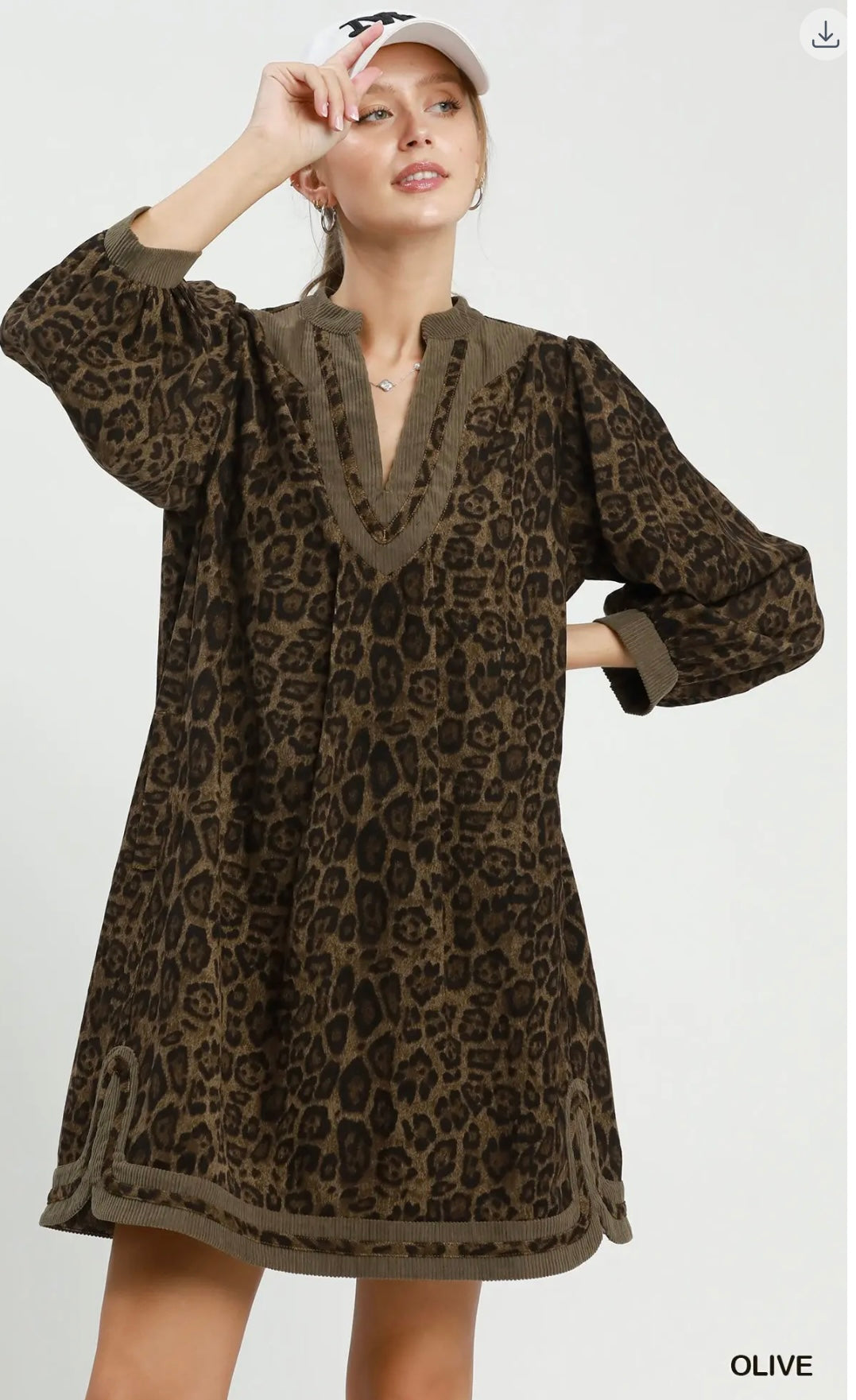 Leopard Print Contrast Trim Puff Sleeve Tunic Dress