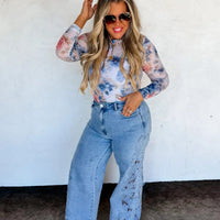 Blue floral mesh long sleeve