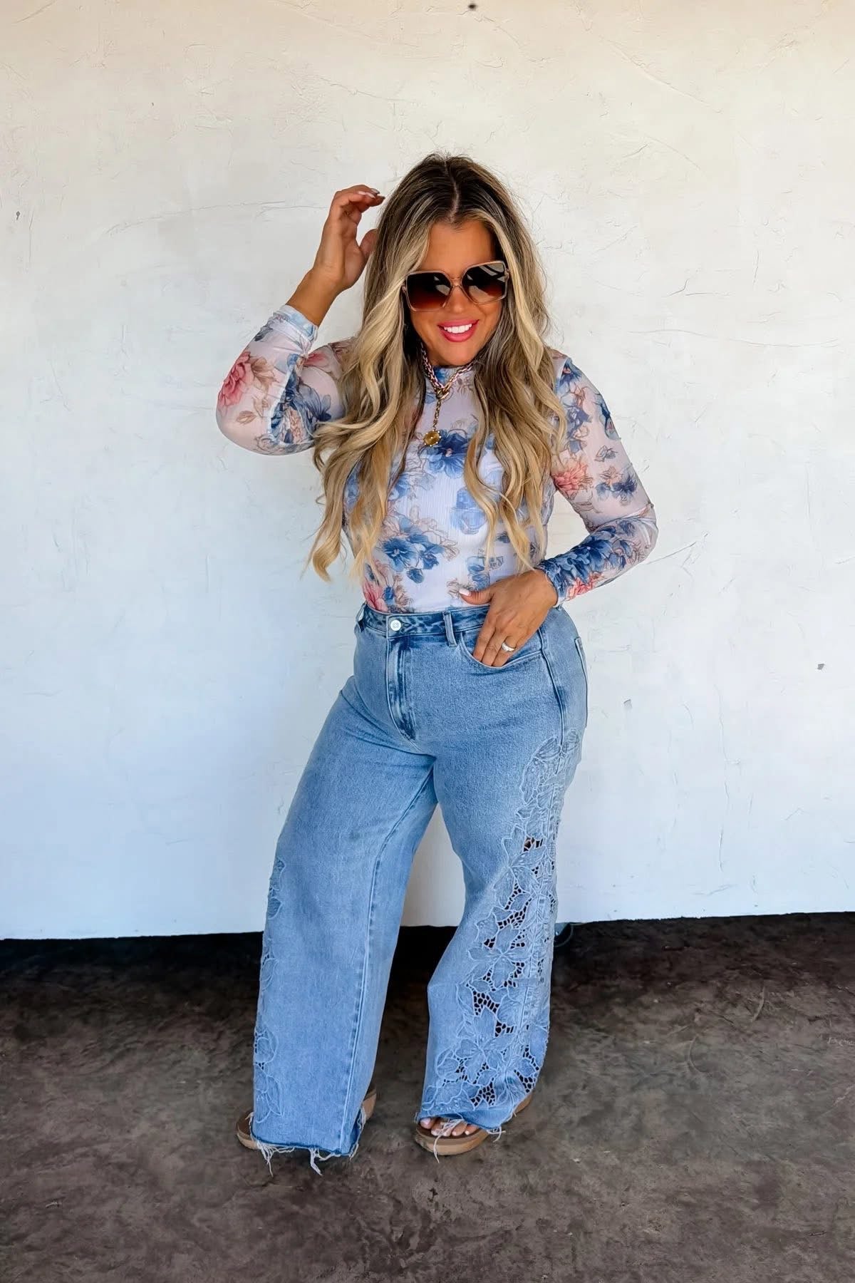 Blue floral mesh long sleeve
