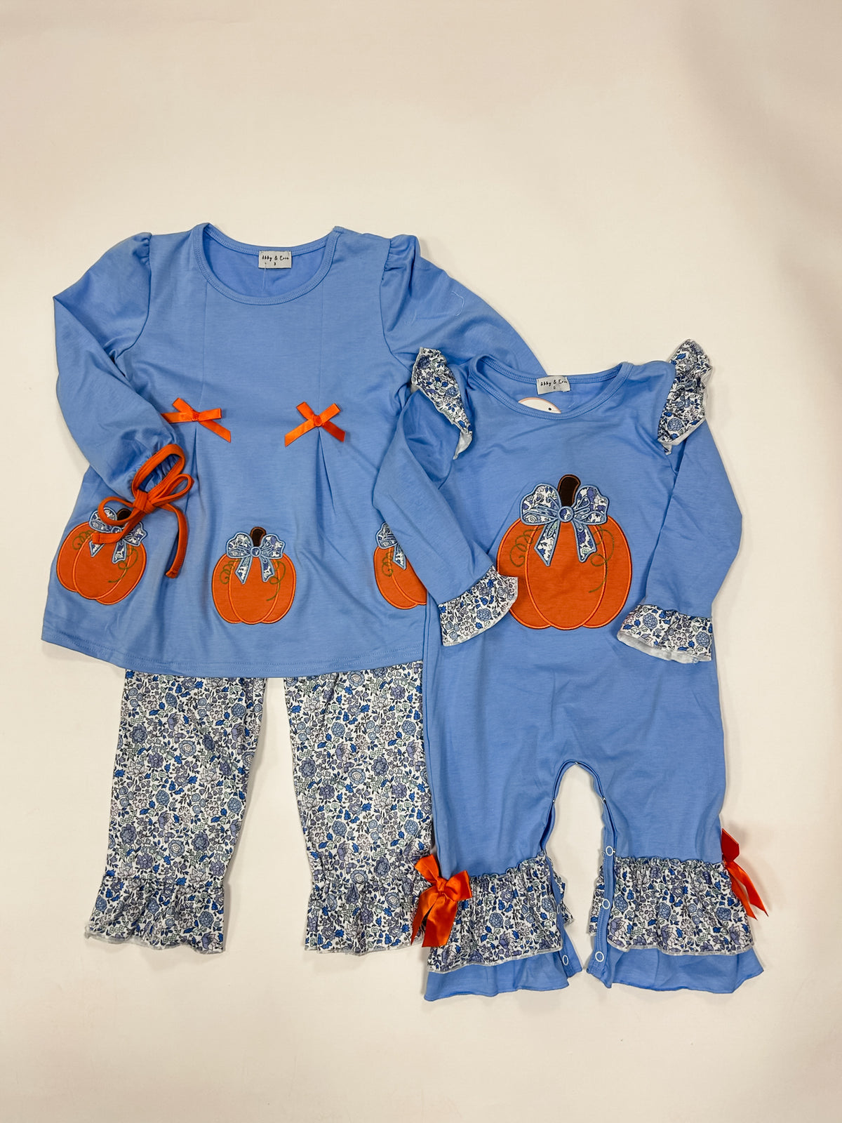 Blue pumpkin floral romper