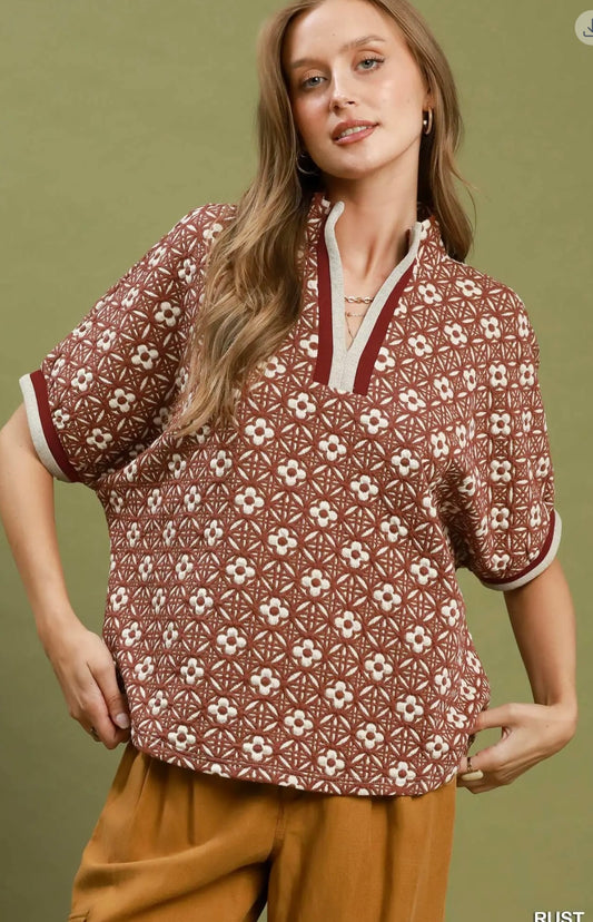 Jacquard Floral Textured Contrast Trim Pullover