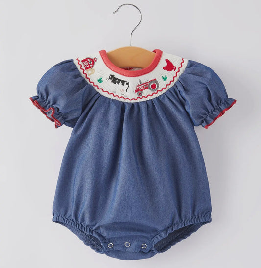 Farm smocked girls romper