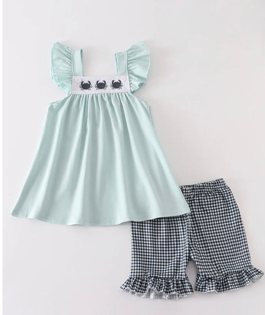 Mint Crab Embrodiered girls set