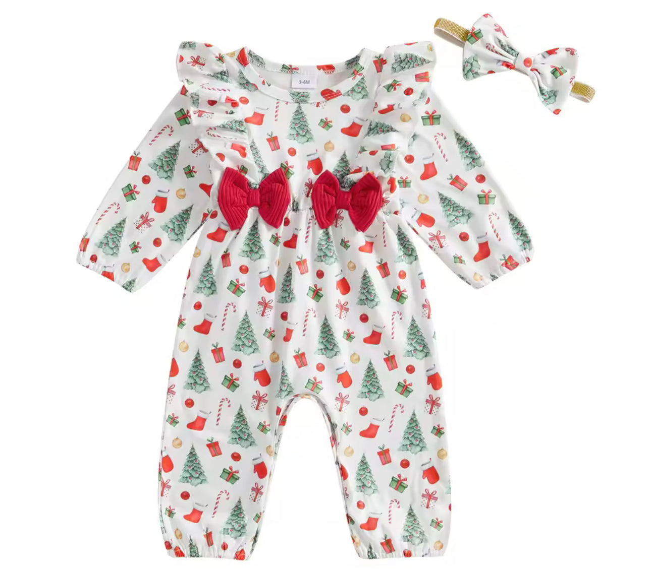 Christmas pattern romper with bow