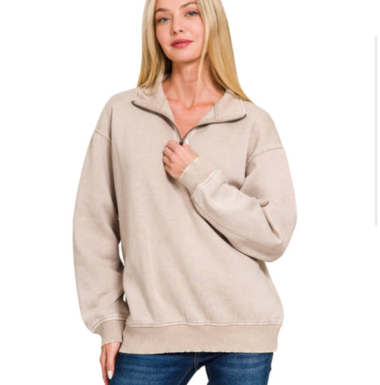 Acid wash quarter zip- ash mocha