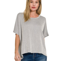 Ribbed striped oversized short sleeve top - sleet
