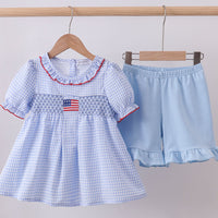 Blue flag smocked girls set