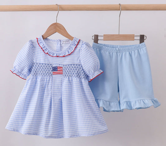 Blue flag smocked girls set