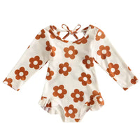 Brown retro floral swim Rashguard