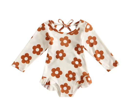 Brown retro floral swim Rashguard