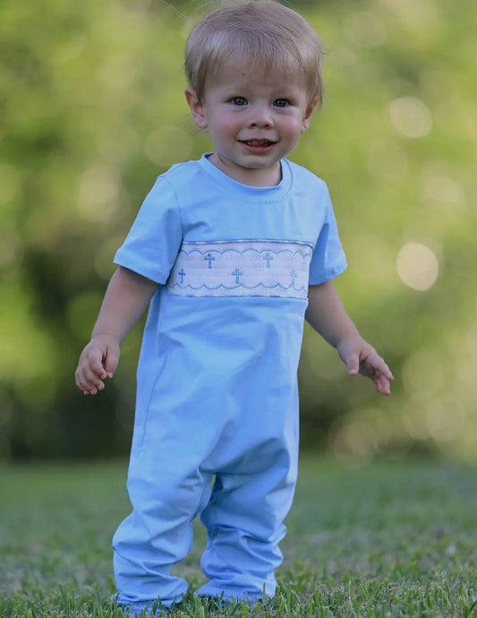 Blue smocked cross long all