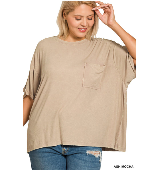 Curvy acid wash ribbed top -ash mocha