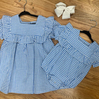 Blue gingham bubble- runs generously