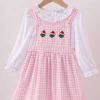 Pink gingham green man trio dress set