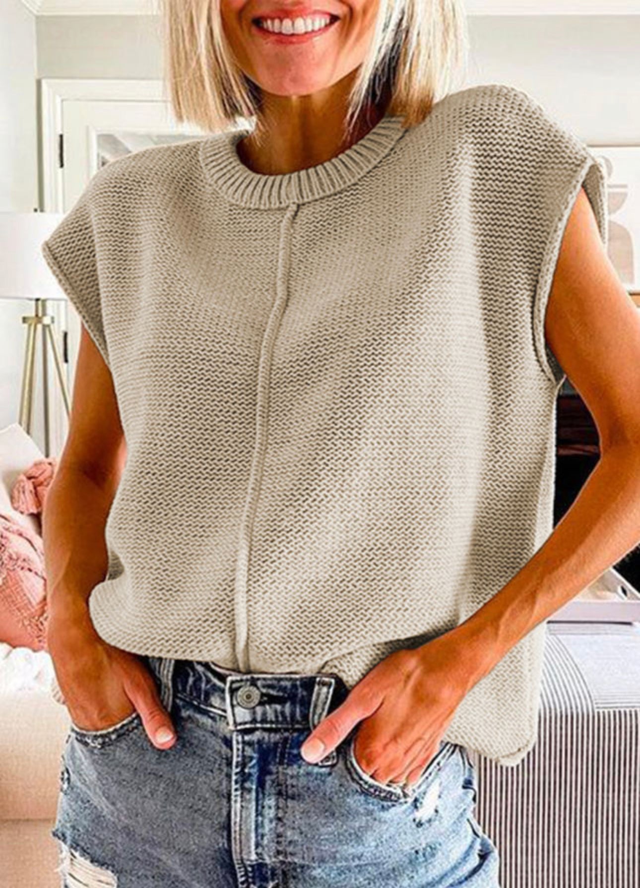 Oatmeal Cap sleeve knitted sweater