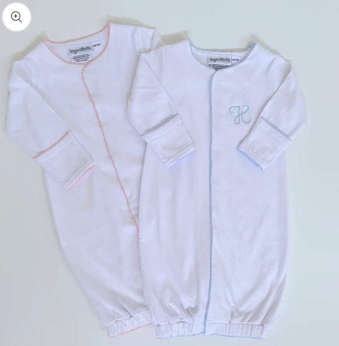 Picot trim gown with hidden snaps with hat