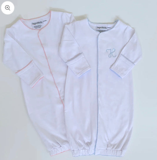 Picot trim gown with hidden snaps with hat