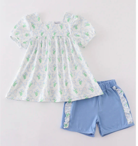 Green floral bow short set