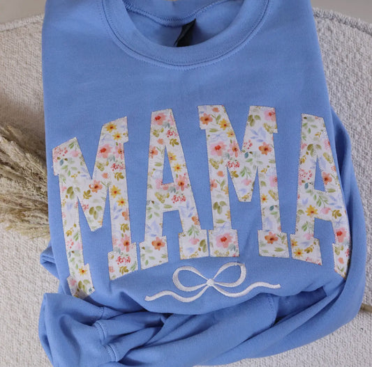 Blue mama applique bow sweatshirt