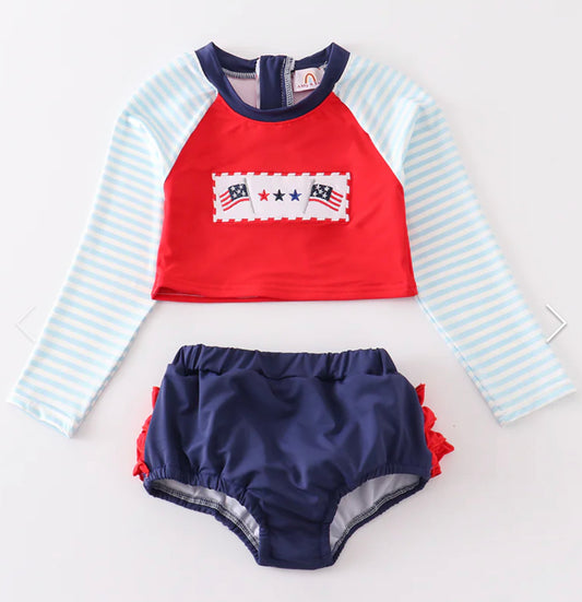 Patriotic flag Rashguard swim set girls