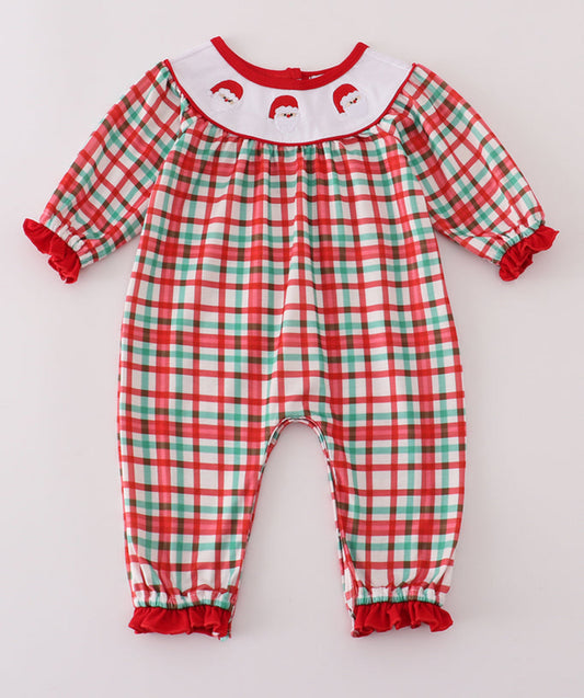 Red Santa plaid girl romper