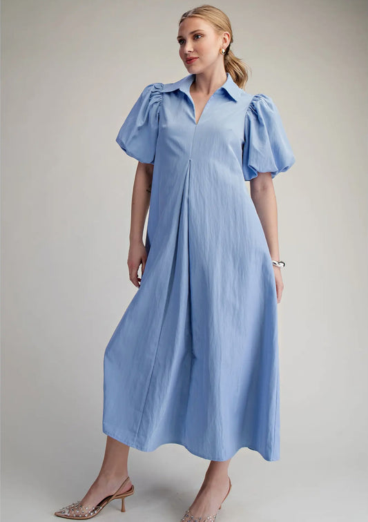 Blue Vneck puff sleeve midi dress