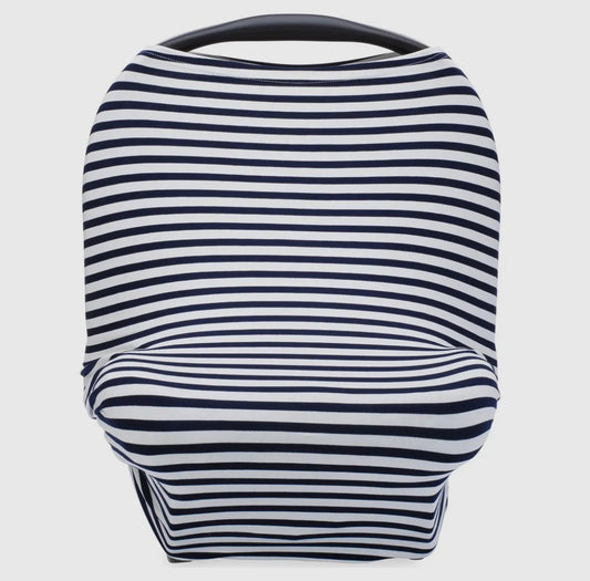 Multi use 4 in 1- car seat cover, nursing cover, shopping cart cover, high chair cover - white/navy stripe