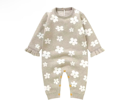 Khaki floral knit sweater romper