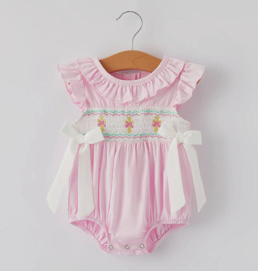 Smocked cross ruffle bubble