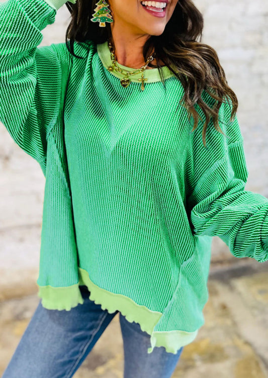Ribbed green raw hem top