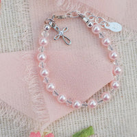 Sterling silver pink pearl cross bracelet