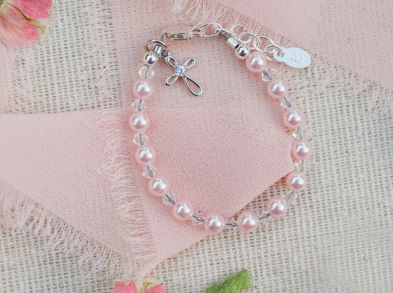 Sterling silver pink pearl cross bracelet