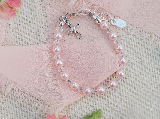 Sterling silver pink pearl cross bracelet