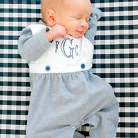 Navy striped bib footie & hat