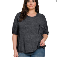 Curvy acid wash ribbed top - black