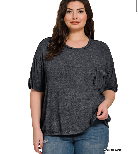 Curvy acid wash ribbed top - black