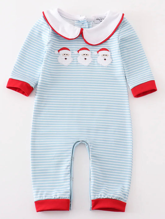 Blue striped Santa trio boys romper