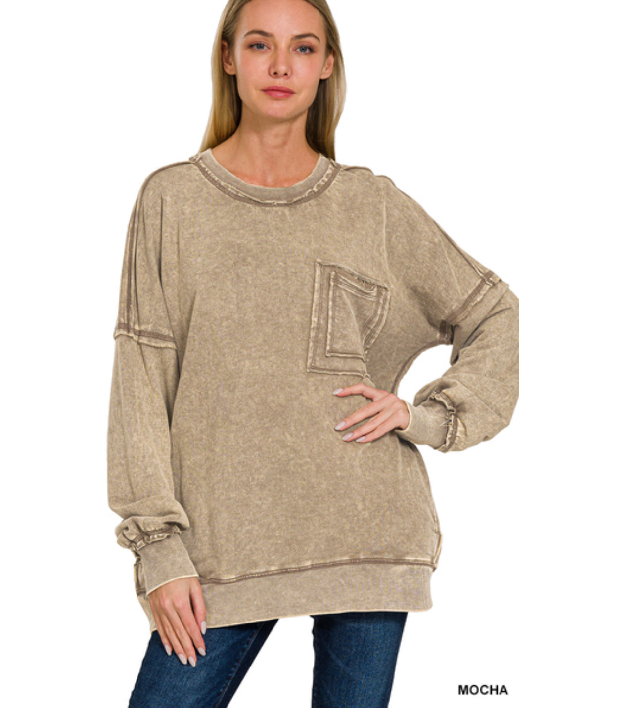 Raw hedge acid wash pocket pullover