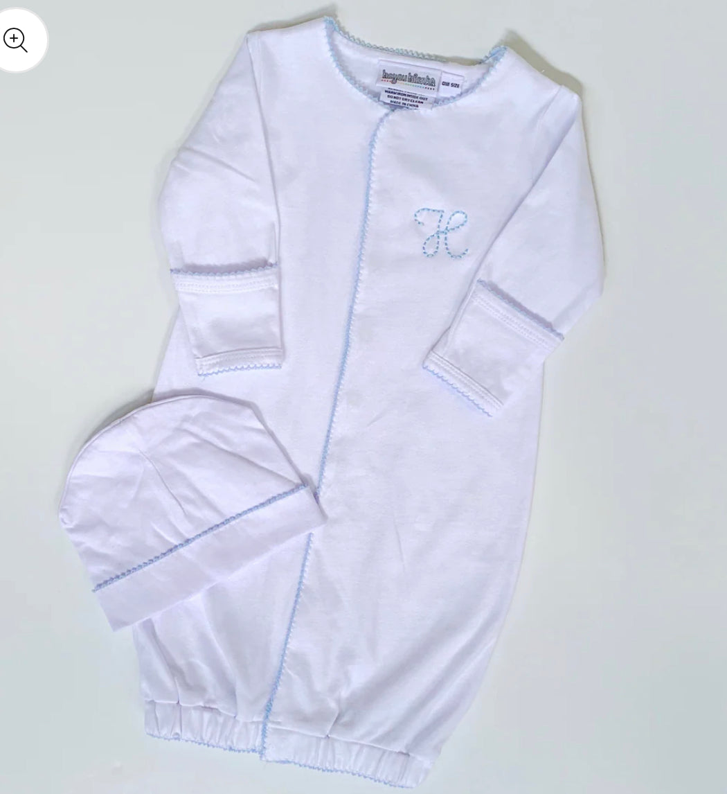 Picot trim gown with hidden snaps with hat