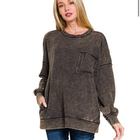Acid Wash Raw Edge Pocket Pullover - ash black