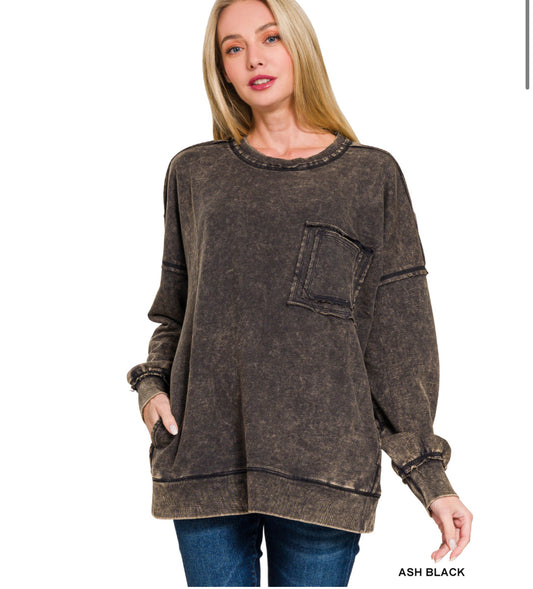 Acid Wash Raw Edge Pocket Pullover - ash black